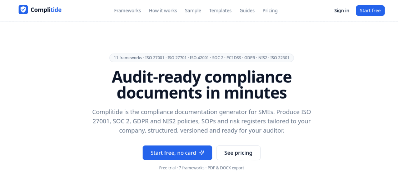 Complitide homepage: audit-ready compliance documents in minutes