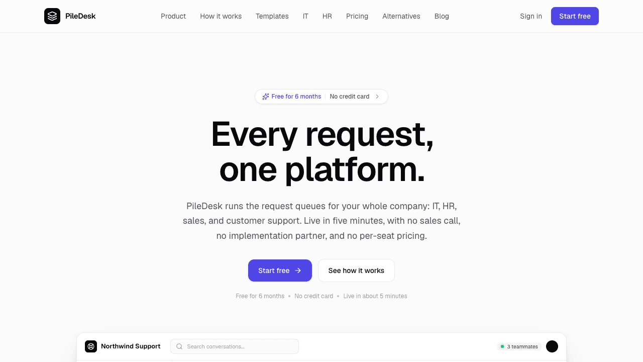 PileDesk homepage: one shared inbox for every team's request queue